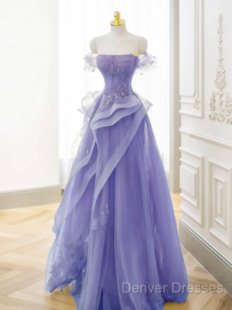 Purple A-Line Tulle Off Shoulder Long Prom Dress, Purple Lace Evening Dress