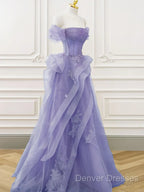 Purple A-Line Tulle Off Shoulder Long Prom Dress, Purple Lace Evening Dress