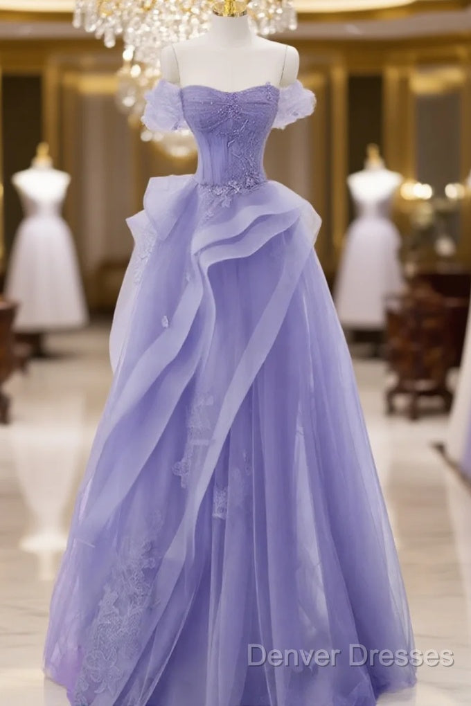 Purple A-Line Tulle Off Shoulder Long Prom Dress, Purple Lace Evening Dress Main image