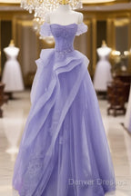 Purple A-Line Tulle Off Shoulder Long Prom Dress, Purple Lace Evening Dress