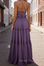 Purple A-line V Neck Sleeveless Floor-Length Chiffon Prom Dress Long Prom Dresses Backless with Pleated Ruffles