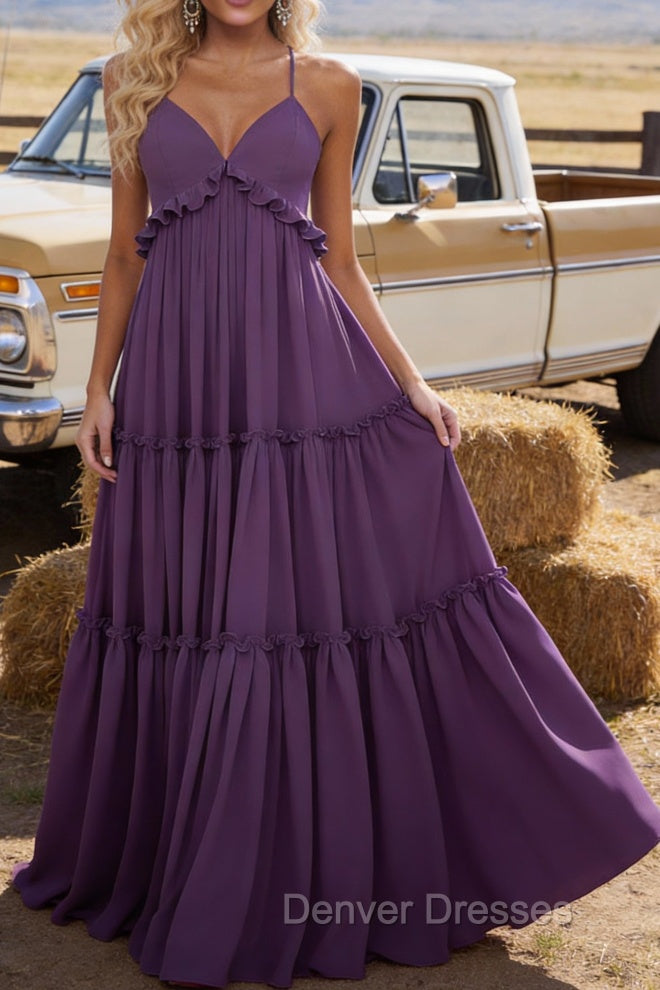 Purple A-line V Neck Sleeveless Floor-Length Chiffon Prom Dress Long Prom Dresses Backless with Pleated Ruffles