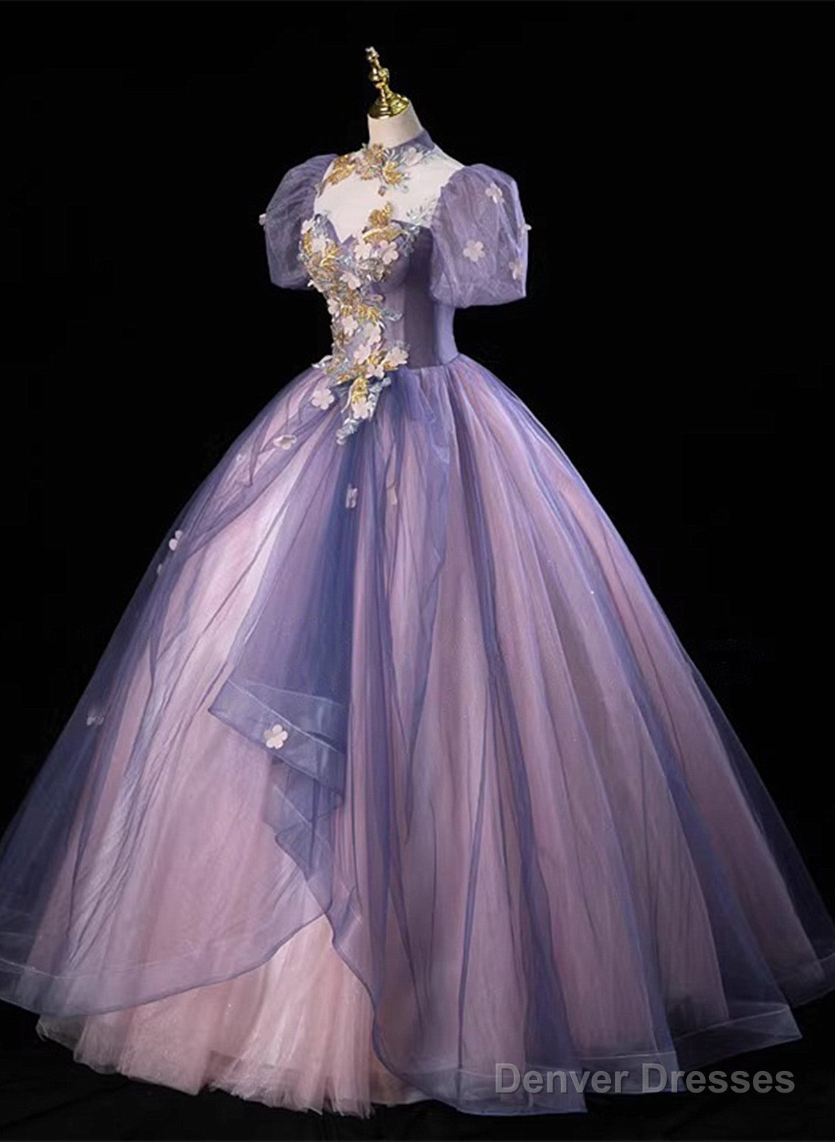 Purple And Pink Tulle High Neckline Long Party Dress, Ball Gown Tulle Sweet 16 Dress Secondary image