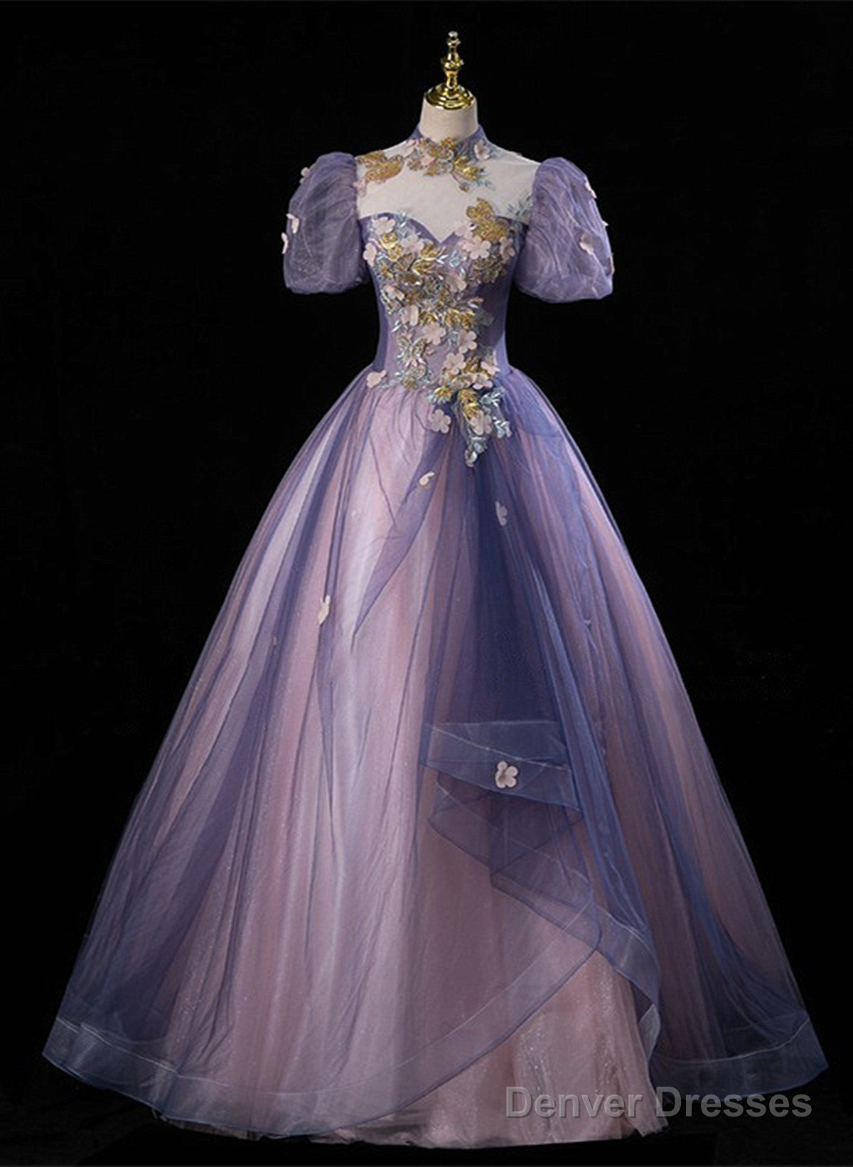 Purple And Pink Tulle High Neckline Long Party Dress, Ball Gown Tulle Sweet 16 Dress Main image