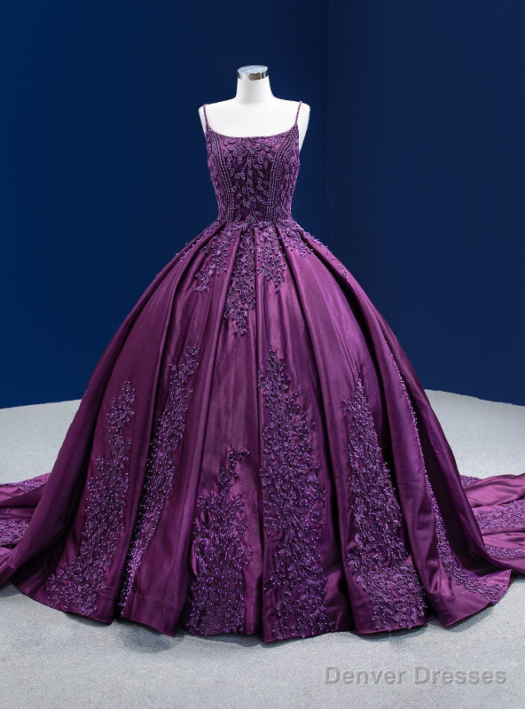 Purple Ball Gown Satin Appliques Pearls Prom Dress