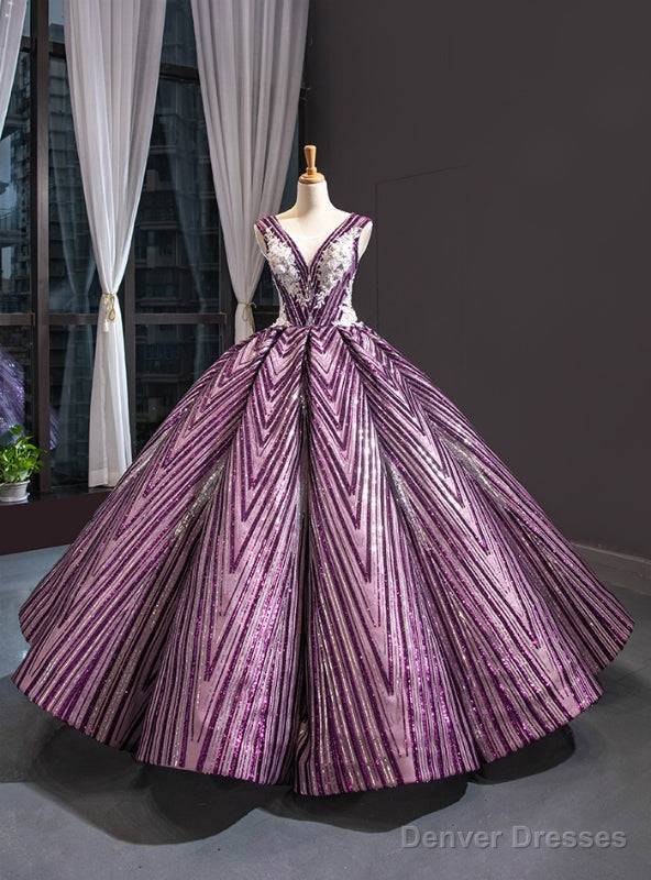 Purple Ball Gown Sequins Backless White Appliques Luxury Wedding Dress Main image