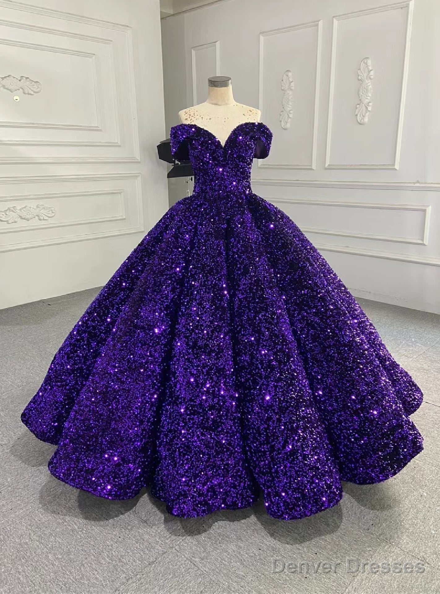 Purple Ball Gown Sequins Off the Shoulder Prom Dress Main image