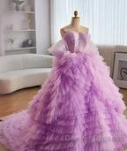 Purple Ball Gown Tulle Off The Shoulder Tiers Prom Dress