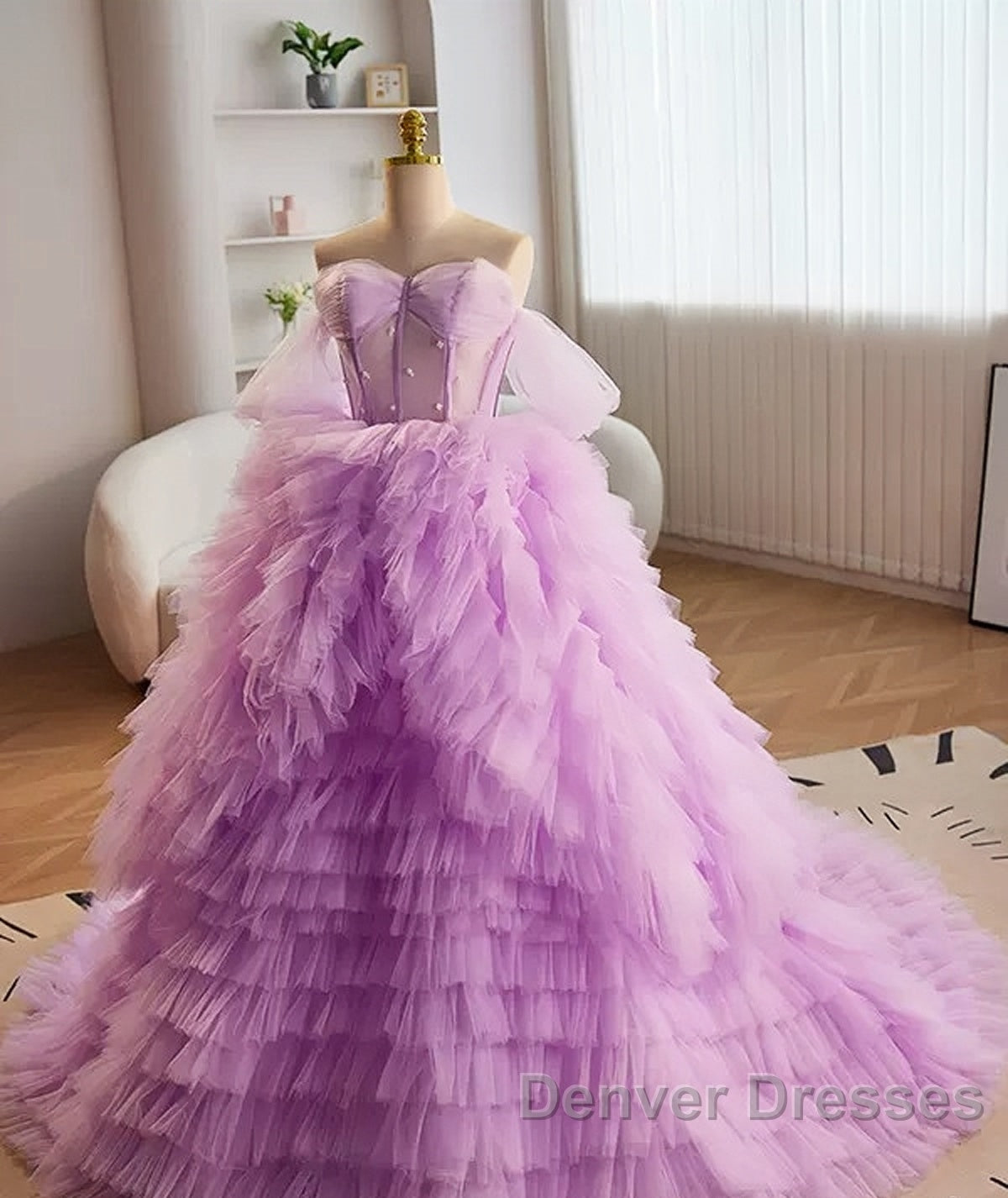 Purple Ball Gown Tulle Off The Shoulder Tiers Prom Dress