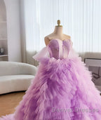 Purple Ball Gown Tulle Off The Shoulder Tiers Prom Dress