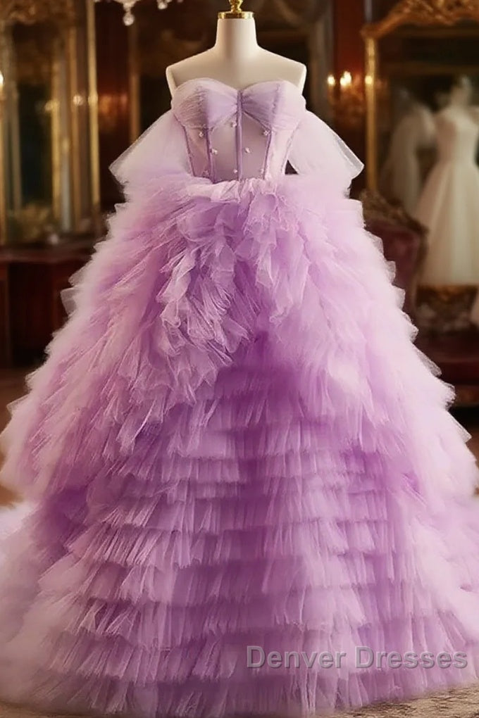 Purple Ball Gown Tulle Off The Shoulder Tiers Prom Dress