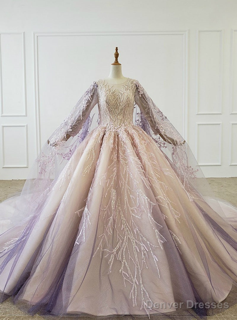 Purple Ball Gown Tulle Sequins Beading Wedding Dress With Shawl
