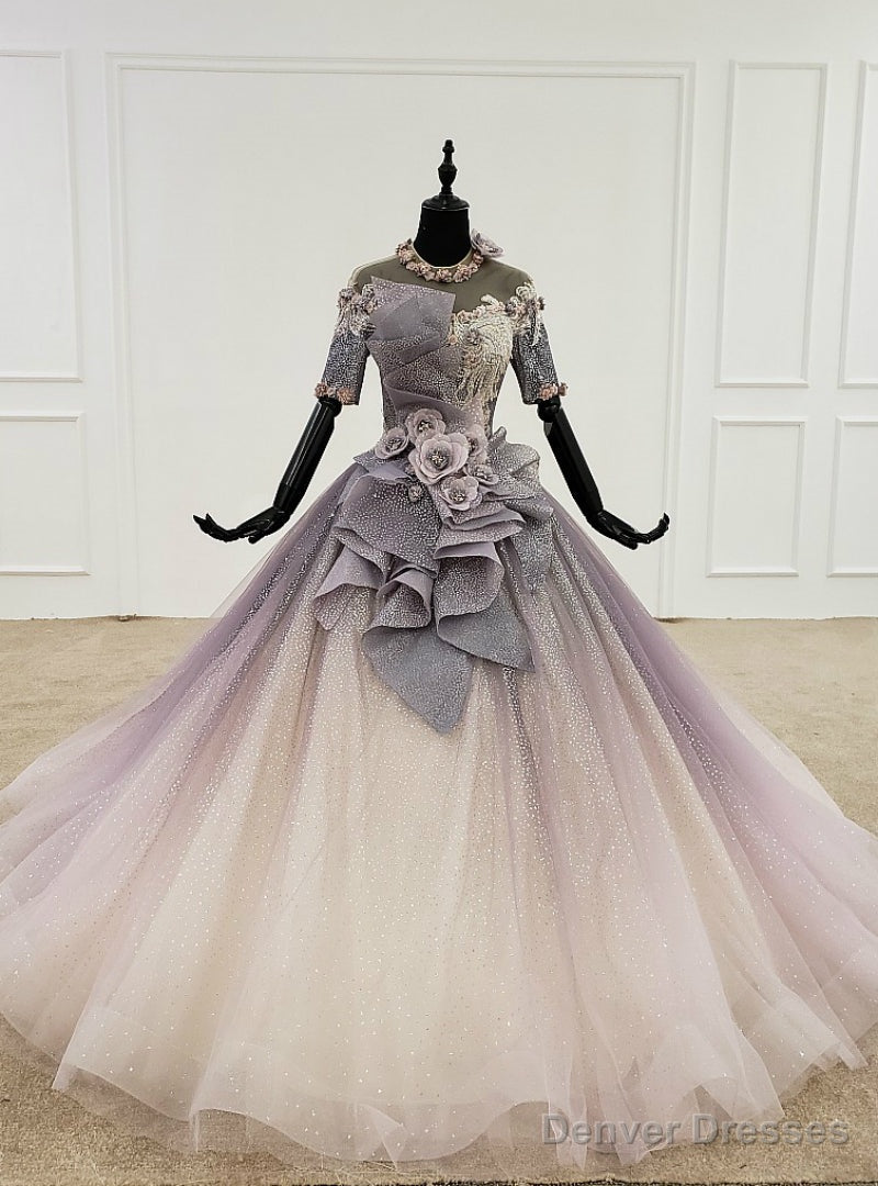 Purple Ball Gown Tulle Sequins High Neck Backless Short Sleeve Wedding Dress Main image