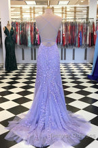 Purple/Blue Mermaid Backless Lace Prom Dress, Purple/Blue Mermaid Backless Lace Formal Graduation Evening Dreses