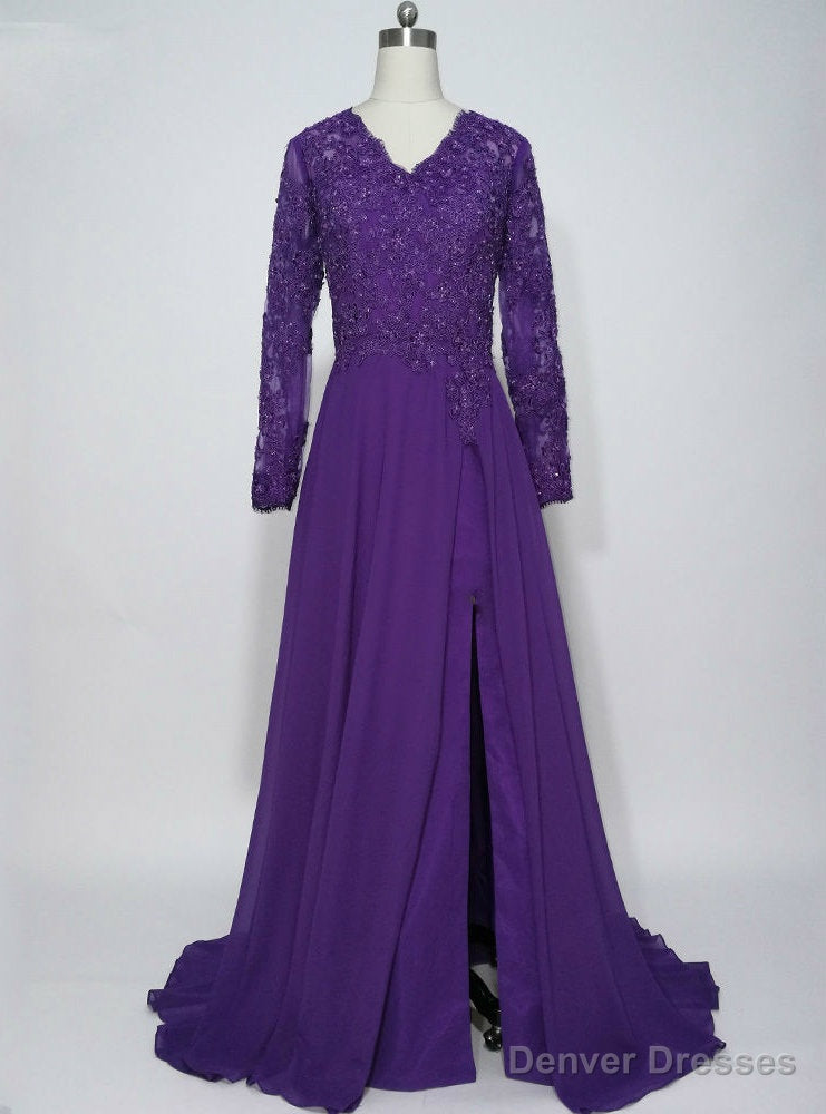 Purple Chiffon Long Sleeves Appliques Mother of the Bride Dresses Main image
