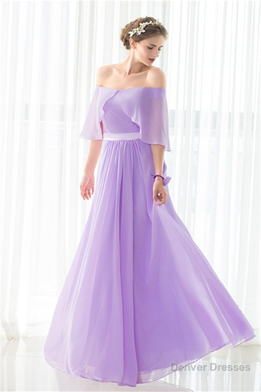Purple Chiffon Off The Shoulder Long Bridesmaid Dresses Main image