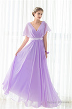 Purple Chiffon V-neck Backless Pleats Long Bridesmaid Dresses