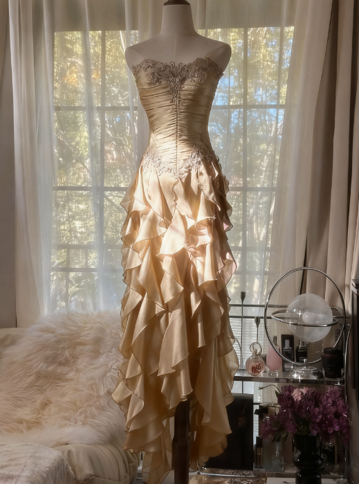 Purple ??Elegant Strapless Chiffon Applique Long Tiered Prom Dress Backless Party Dress