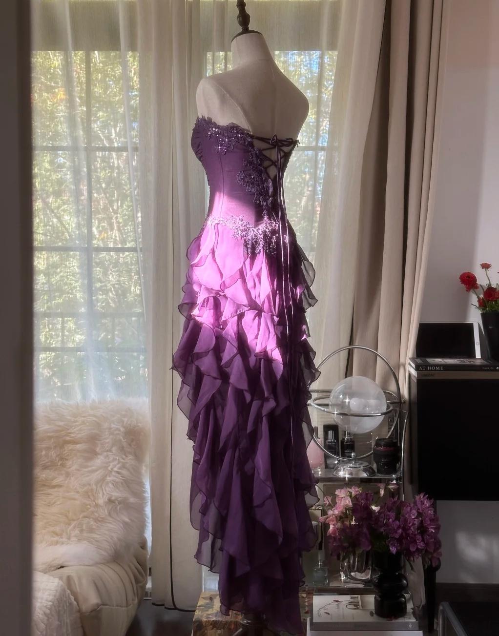 Purple ??Elegant Strapless Chiffon Applique Long Tiered Prom Dress Backless Party Dress
