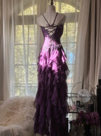 Purple ??Elegant Strapless Chiffon Applique Long Tiered Prom Dress Backless Party Dress