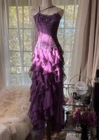 Purple ??Elegant Strapless Chiffon Applique Long Tiered Prom Dress Backless Party Dress