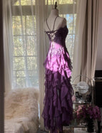 Purple ??Elegant Strapless Chiffon Applique Long Tiered Prom Dress Backless Party Dress
