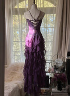 Purple ??Elegant Strapless Chiffon Applique Long Tiered Prom Dress Backless Party Dress