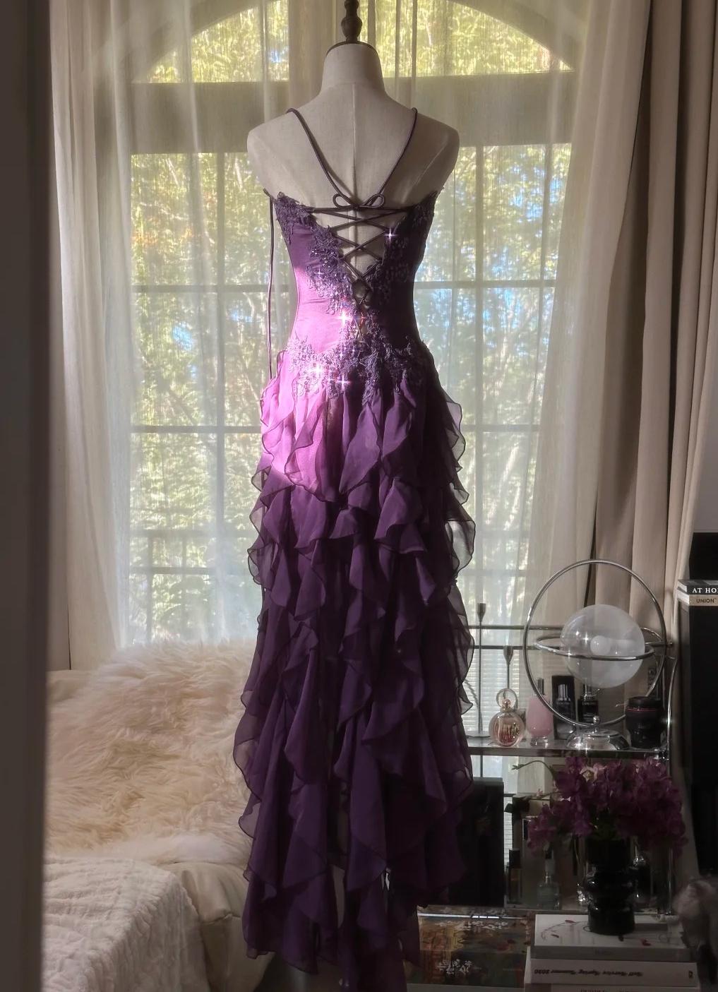 Purple ??Elegant Strapless Chiffon Applique Long Tiered Prom Dress Backless Party Dress