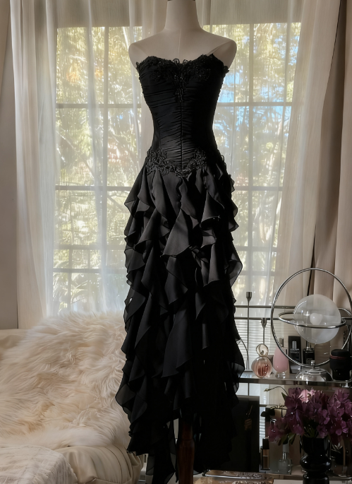 Purple ??Elegant Strapless Chiffon Applique Long Tiered Prom Dress Backless Party Dress