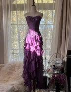 Purple ??Elegant Strapless Chiffon Applique Long Tiered Prom Dress Backless Party Dress