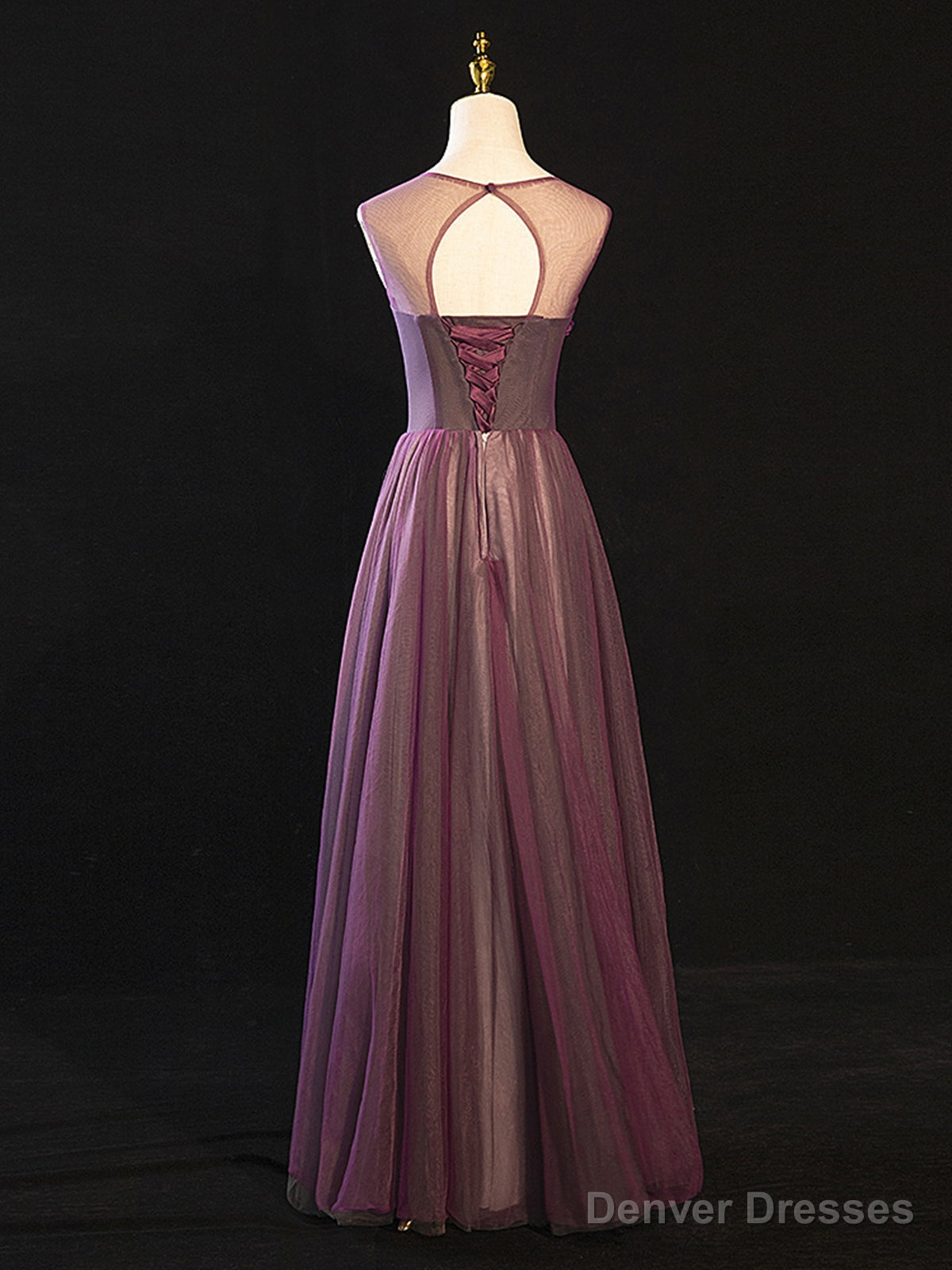 Purple Floral Long Lace Prom Dresses, Purple Floral Long Lace Formal Evening Dresses