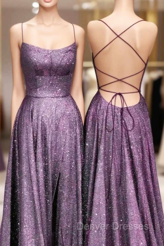 Purple Glitter Prom Dress Side Split Lace Up Back Main image