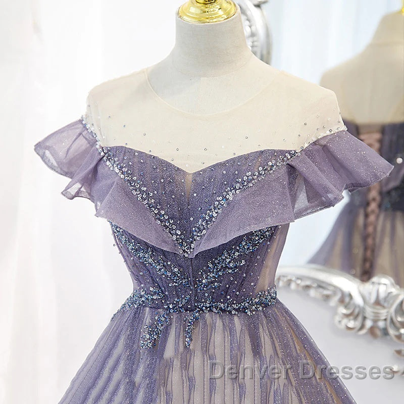 Purple Gradient A-Line Beaded Tulle Long Prom Dress, Floor Length Purple Evening Dress Secondary image