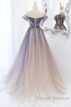 Purple Gradient A-Line Beaded Tulle Long Prom Dress, Floor Length Purple Evening Dress