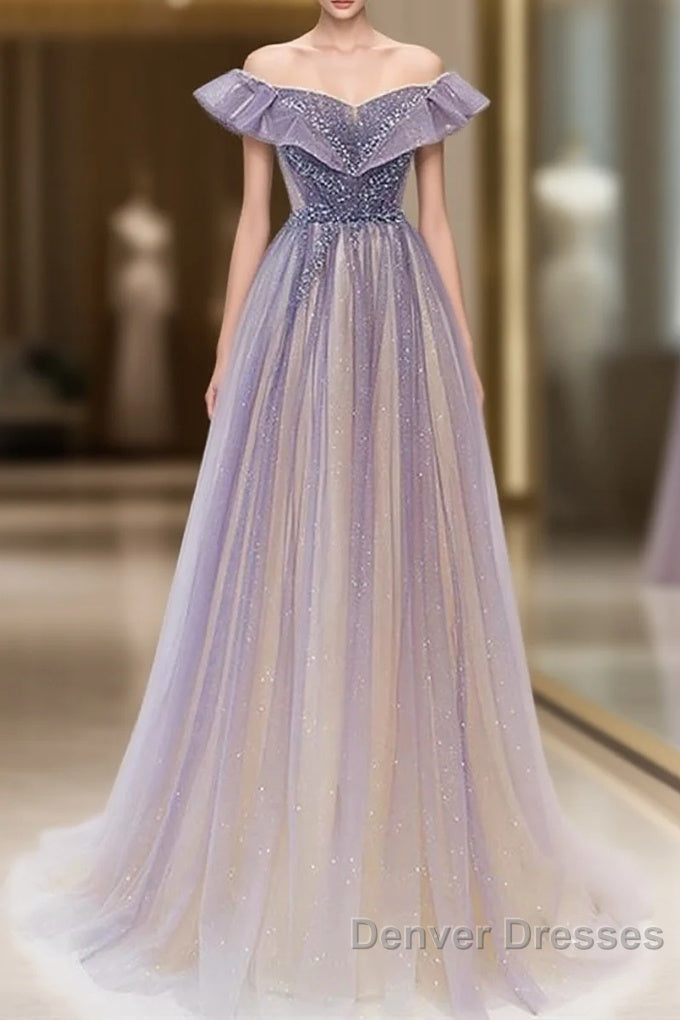 Purple Gradient A-Line Beaded Tulle Long Prom Dress, Floor Length Purple Evening Dress Main image