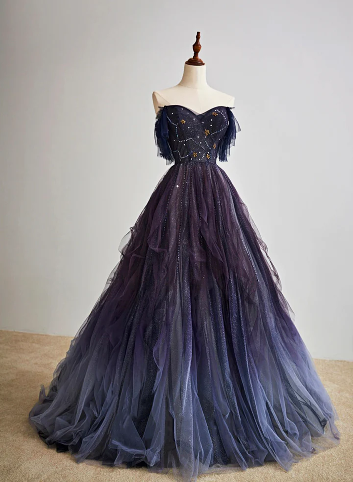 Purple Gradient Off Shoulder Beaded Sweetheart Prom Dress, Purple Long Tulle Formal Dress Main image