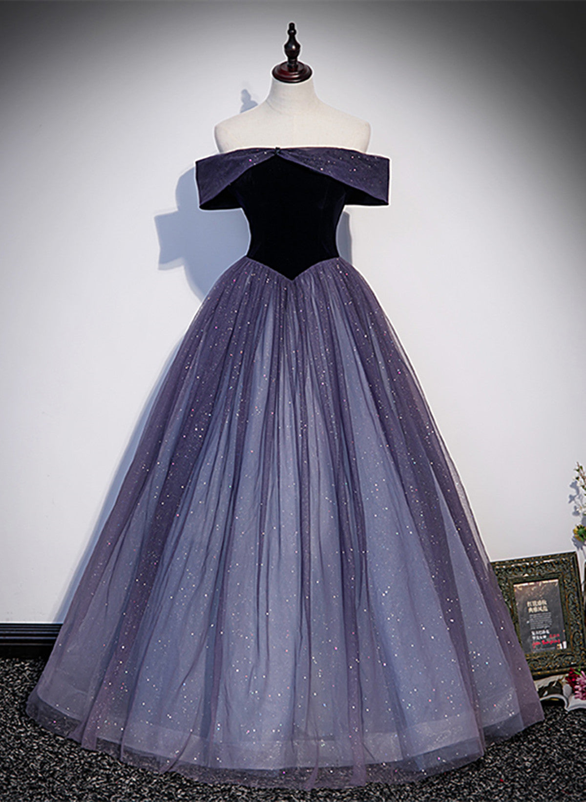 Purple Gradient Tulle Off Shoulder Long Party Dress, A-Line Purple Evening Dress Prom Dress Main image
