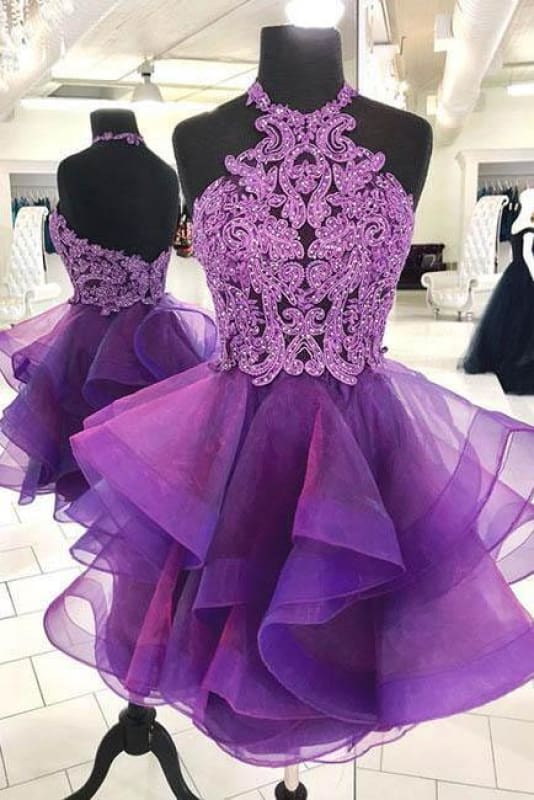 Purple Halter Asymmetrical Short Homecoming Dresses with Beading Mini Cocktail Dress Main image