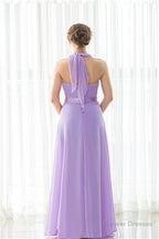 Purple Halter Chiffon Backless Pleats Long Bridesmaid Dresses