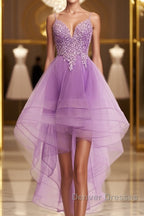 Purple High Low Lace Prom Dress, Light Purple High Low Lace Formal Homecoming Dress