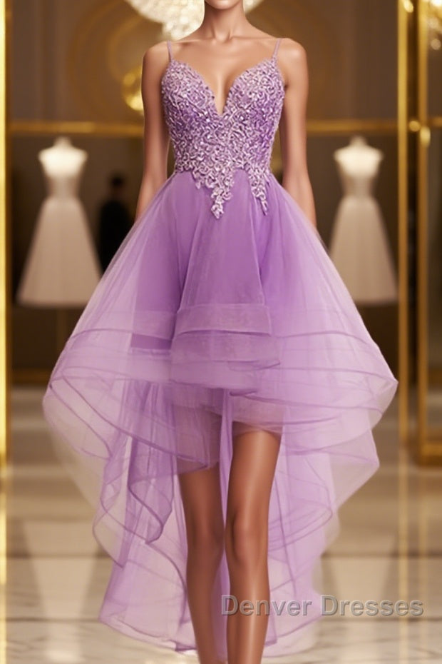 Purple High Low Lace Prom Dress, Light Purple High Low Lace Formal Homecoming Dress