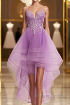 Purple High Low Lace Prom Dress, Light Purple High Low Lace Formal Homecoming Dress