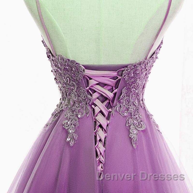Purple High Low Lace Prom Dress, Light Purple High Low Lace Formal Homecoming Dress