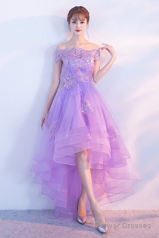 Purple High Low Off Shoulder Lace Applique Prom Dresses, Light Purple Homecoming Dresses Secondary image