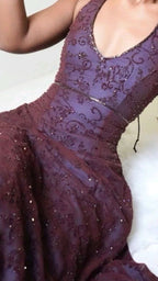 Purple Lace Halter Prom Dress Long Evening Party Dress,
