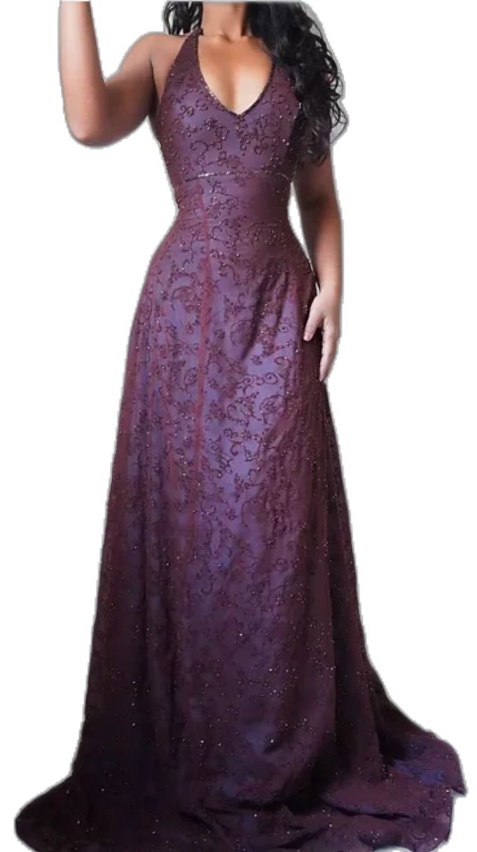 Purple Lace Halter Prom Dress Long Evening Party Dress,
