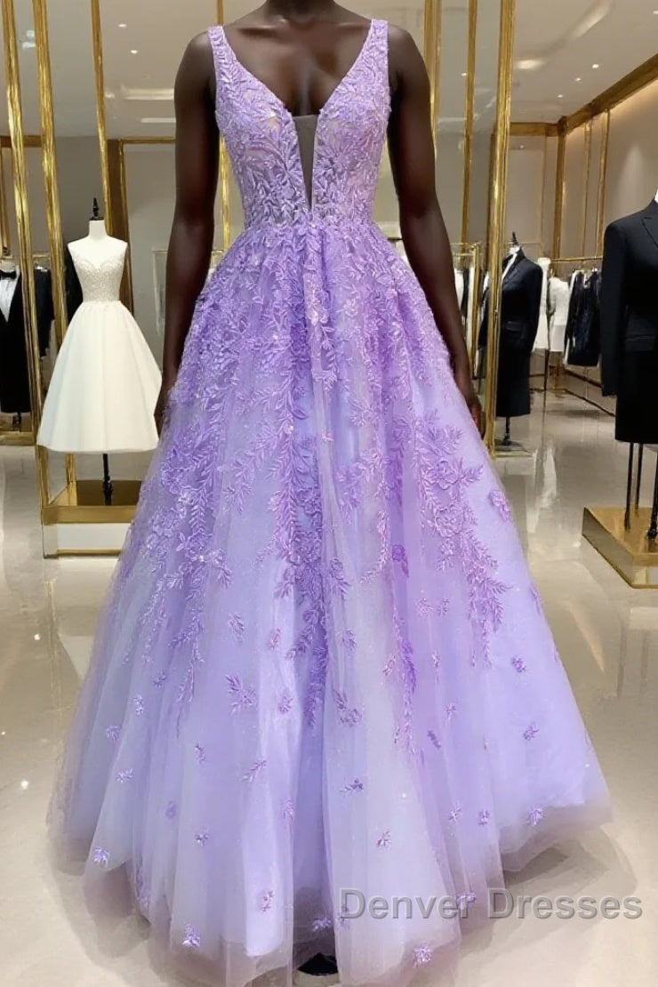 Purple Lace Long A Line Prom Dress Evening Dress