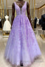Purple Lace Long A Line Prom Dress Evening Dress