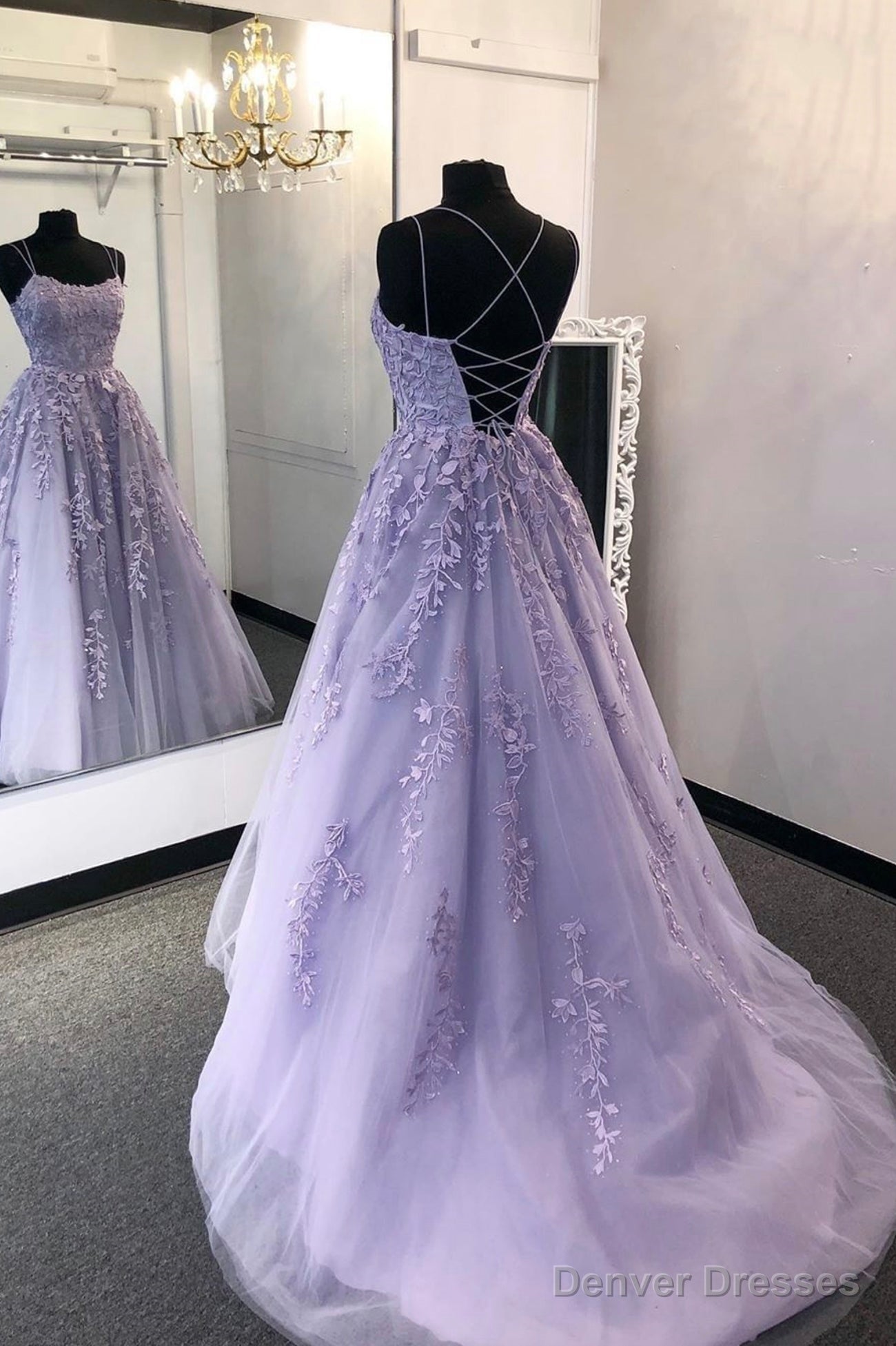 Purple Lace Long A-Line Prom Dress, Spaghetti Strap Backless Evening Dress Main image