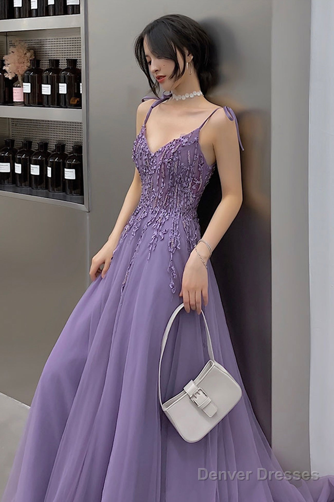 Purple Lace Long Prom Dresses, A-Line Purple Evening Graduation Dresses Secondary image